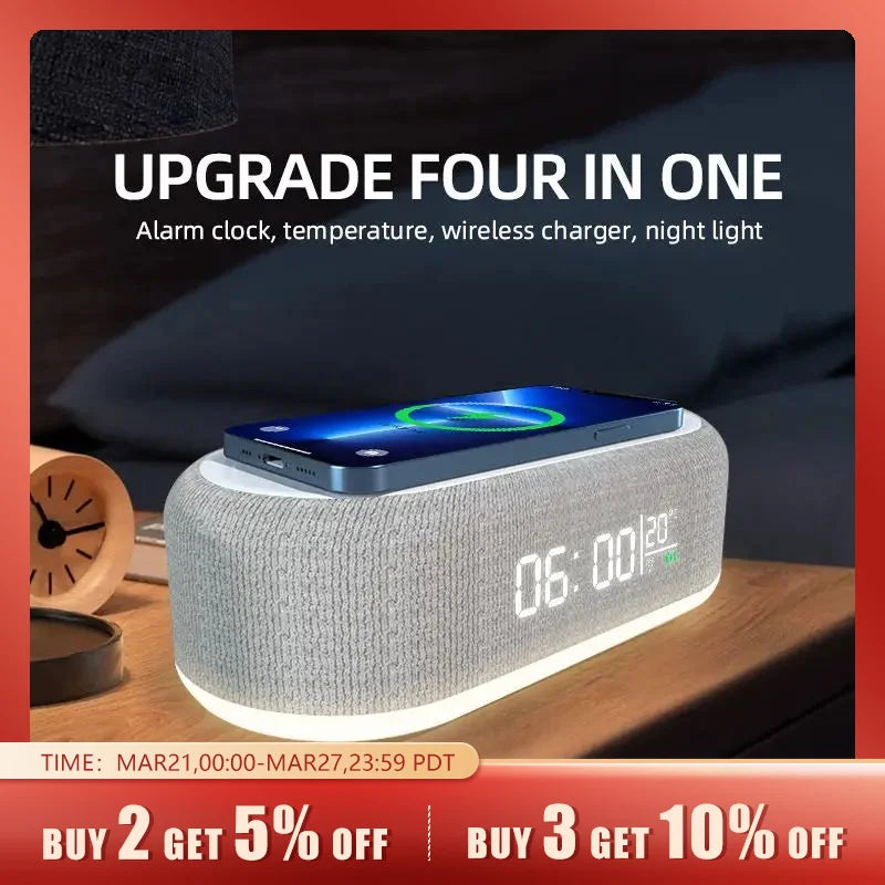Wireless Charger Alarm Clock Time LED Light Thermometer Earphone Phone Charger 15W Fast Charging Dock Station for Iphone Samsung